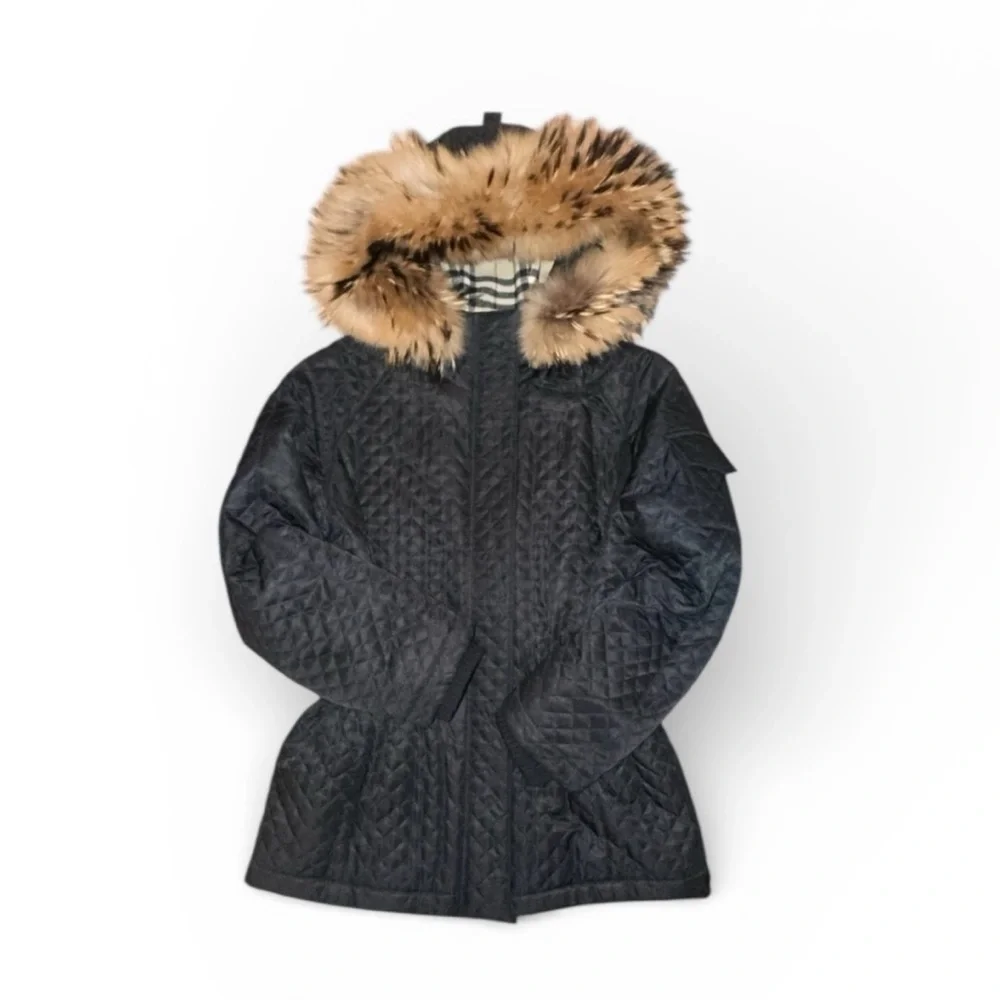 Authentic Burberry Black Quilted Raccoon Fur Hood Cinch Waist Jacket Small‎